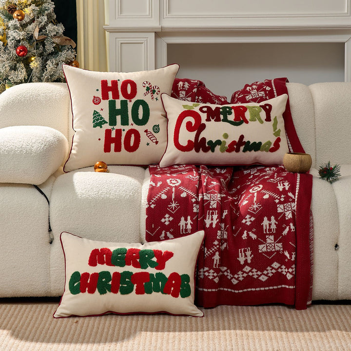 Festive Tufted Chenille Merry Christmas Lumbar Throw Pillow