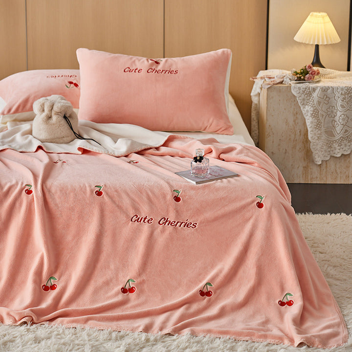 Plush Embroidered Tulip Velvet Bedspread and Matching Pillowcase Set