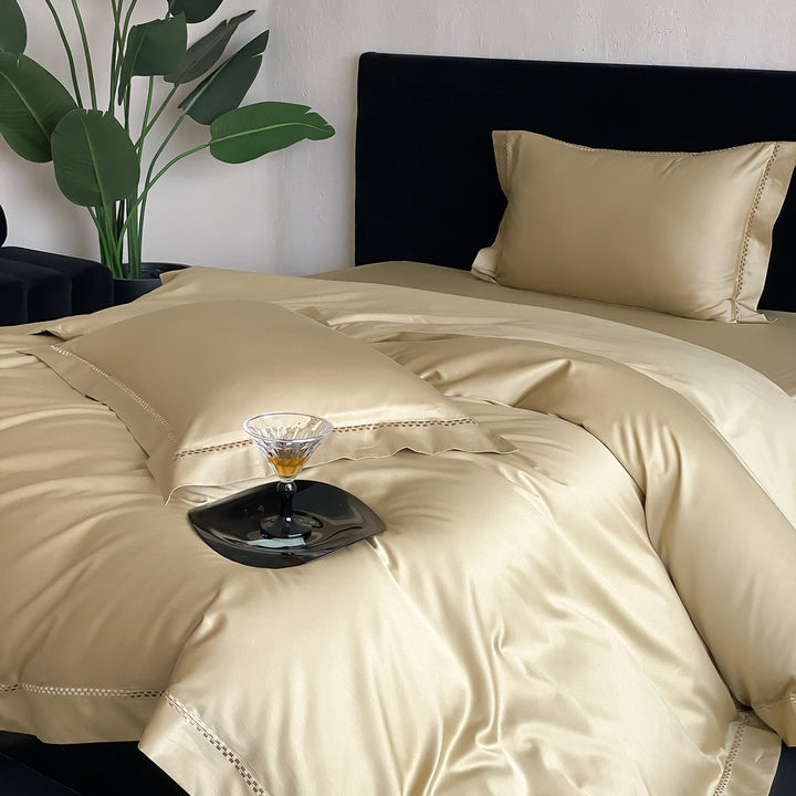 Premium Satin Bedding Set with fine hemstitch embroidery and silky smooth finish