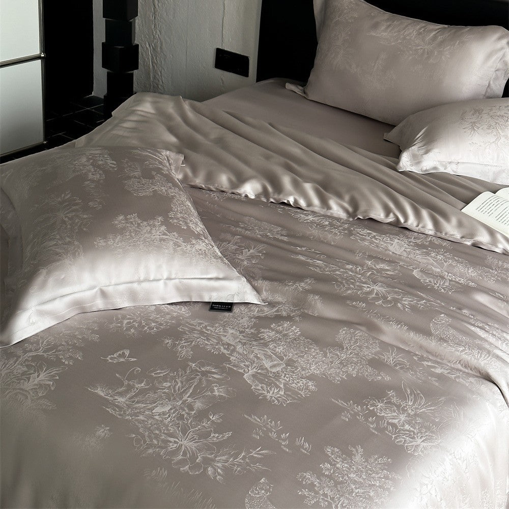 Elegant satin bedding set with subtle jacquard floral relief and silky shine