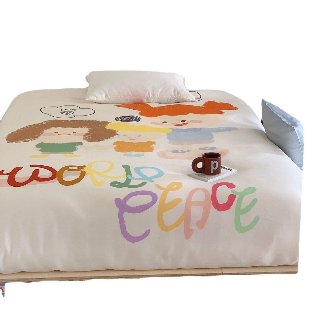 Duvet cover set with hand-drawn doodle print and breathable cotton satin