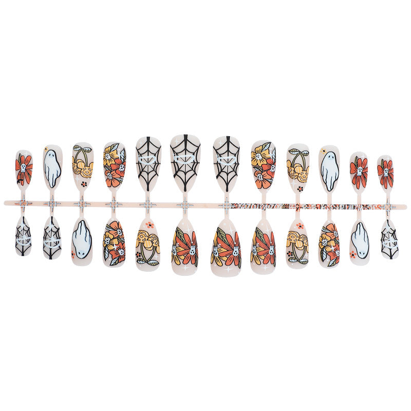 Artistic Press-On Nail Set with Seasonal Floral and Ghost Designs Stornfield