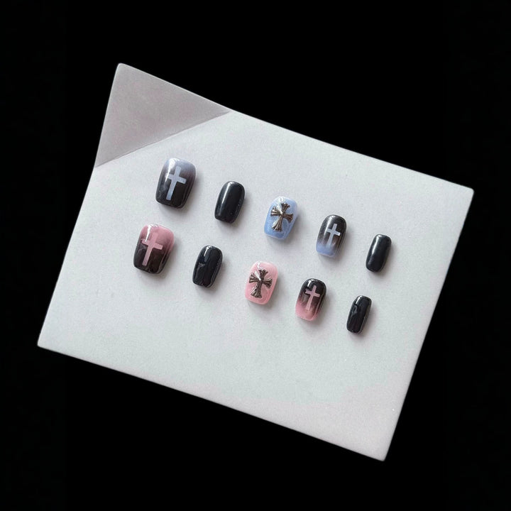 Artistic Press-On Nail Set with Cross and Ombre Design