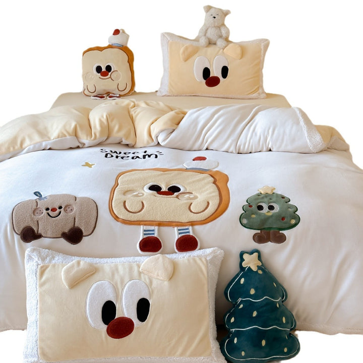 Children's bedding set with cozy plush appliqués and Sherpa edging