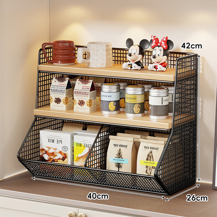 Compact Mesh Countertop Pantry Organizer with Two Wooden Shelves and Deep Front Basket