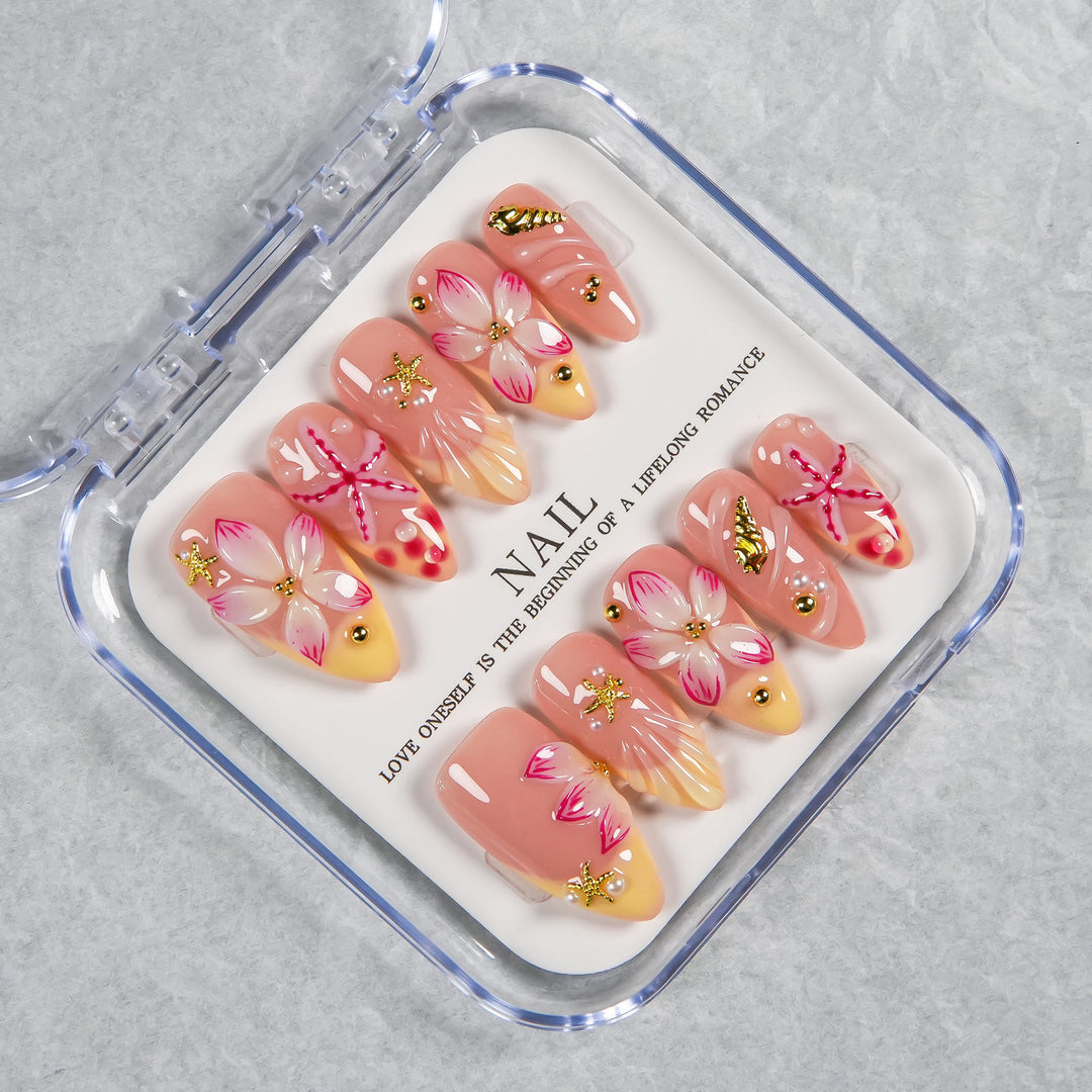 Decorative Press-On Nail Set with Floral and Beach Accents