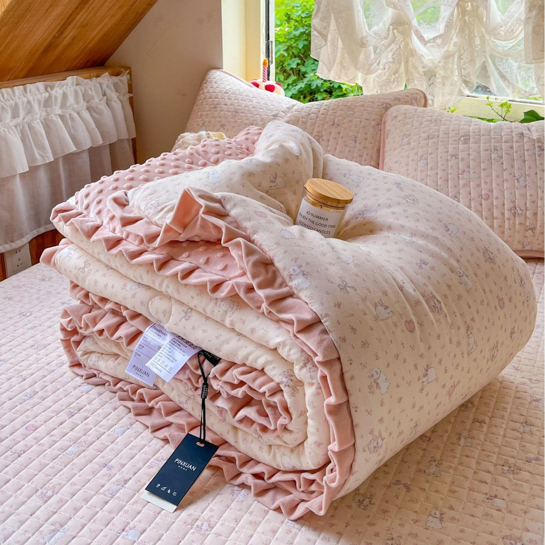 Children's Quilted Reversible Minky-Back Duvet Comforter Set with Ruffled Edge