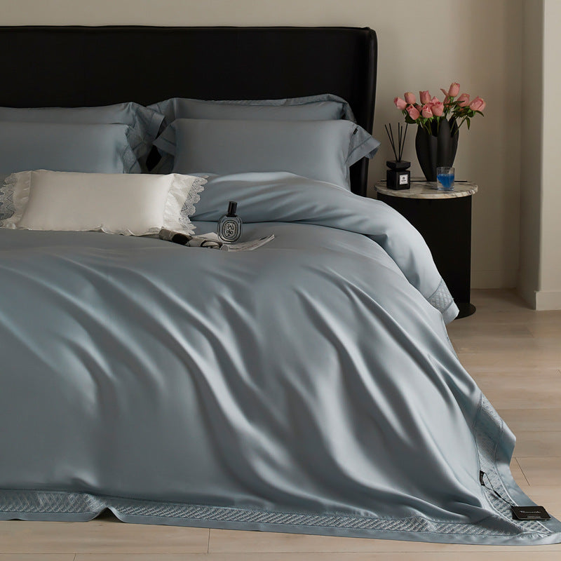 Silky flowing satin bed set with decorative cassette border and extra soft touch