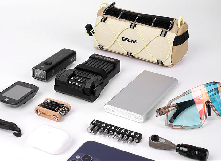 compact cylindrical handlebar bag with elastic bungee and universal Velcro mount Stornfield