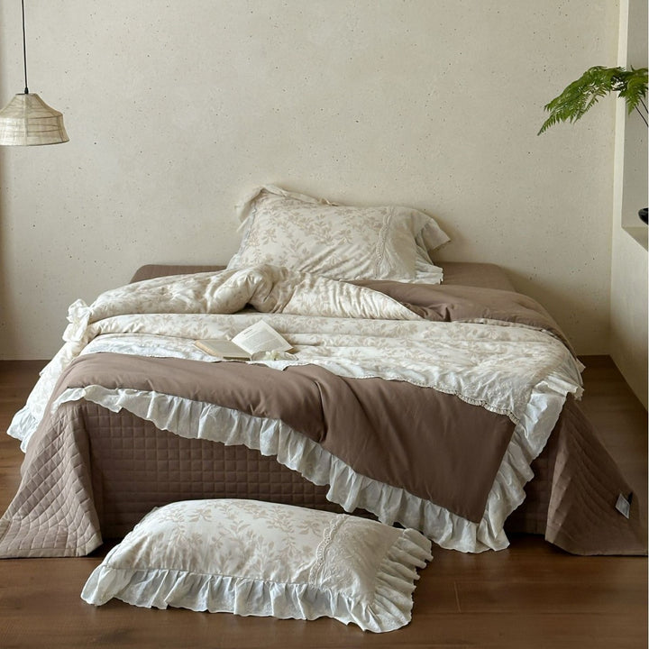 Floral Ruffled Cotton Duvet Cover and Pillowcase Bedding Set