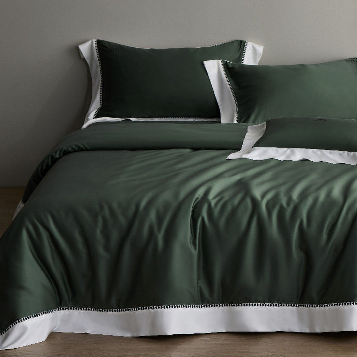 Luxury Sateen Duvet Cover Set with Contrast Hem and Eyelet-Embroidered Shams