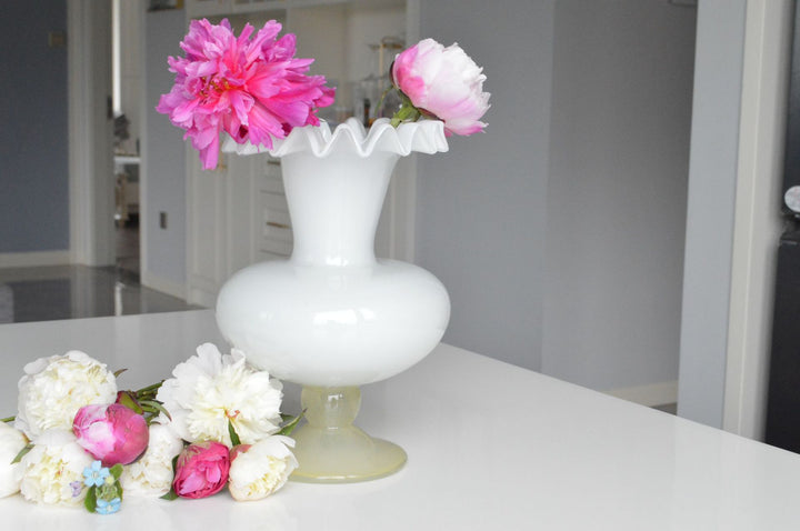 Handblown Fluted Pedestal Art Glass Trumpet Vase Stornfield