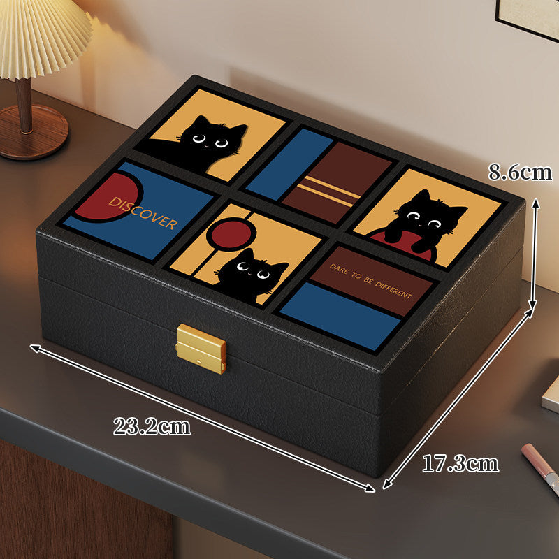 Deluxe PU Leather Jewelry Organizer Box with Cat Mosaic Lid and Secure Lock