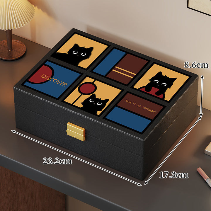 Deluxe PU Leather Jewelry Organizer Box with Cat Mosaic Lid and Secure Lock
