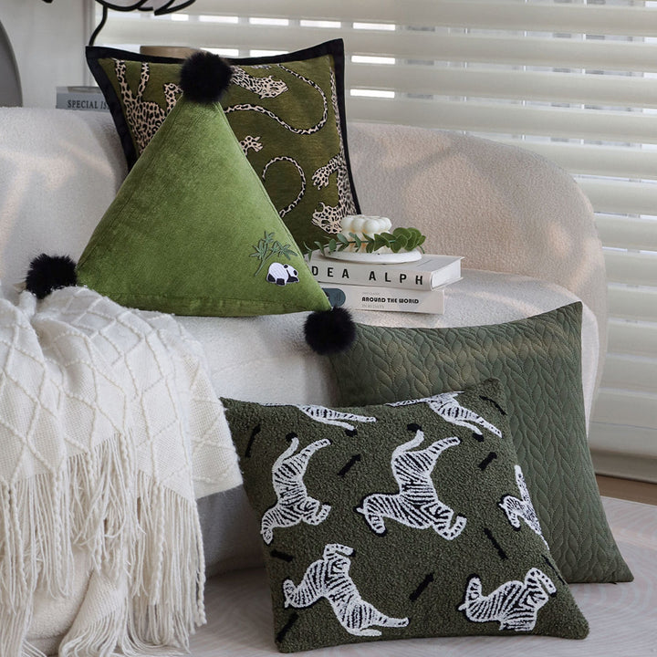 Triangular Decorative Back Cushion with Panda Embroidery and Fluffy Pom Poms Stornfield