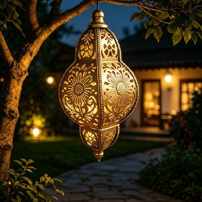 Ornate Moroccan Cutout Metal Hanging Pendant Light With Decorative Shadow Projection And Ceiling Canopy Stornfield
