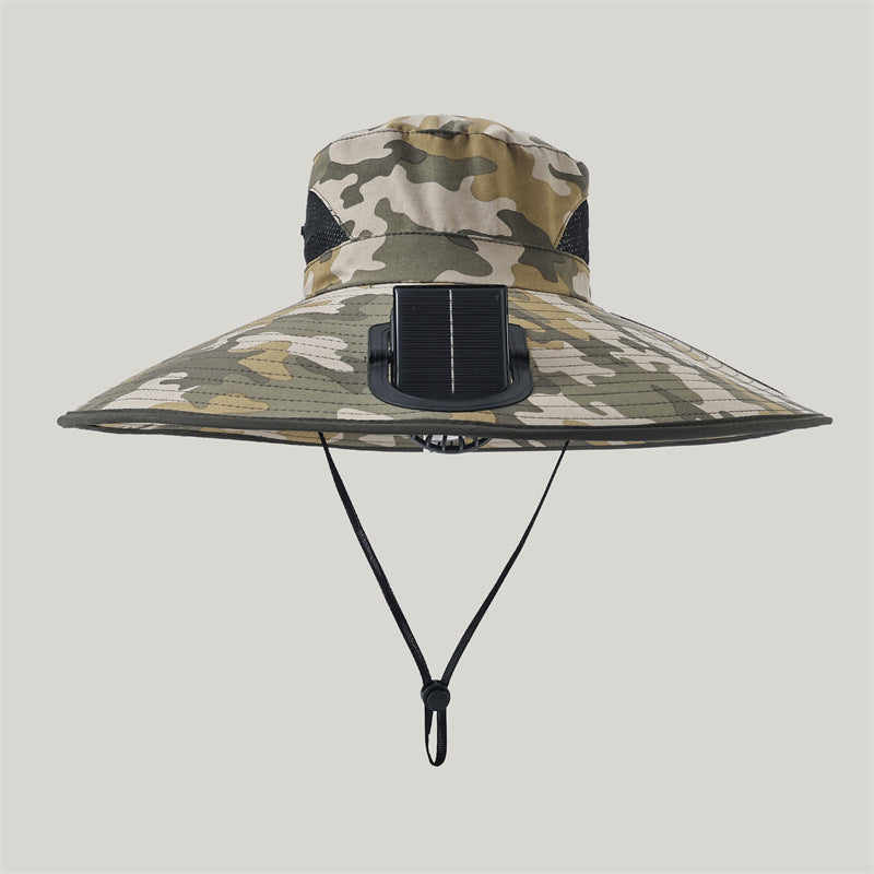 Wide-brimmed outdoor sun hat with solar-powered micro fan, breathable mesh and adjustable chin strap Stornfield