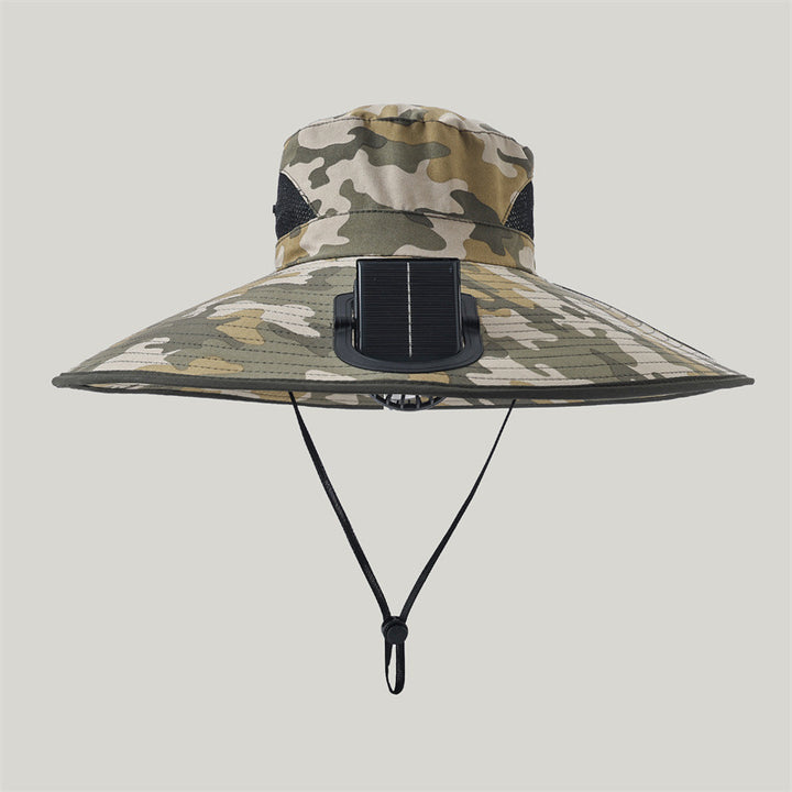 Wide-brimmed outdoor sun hat with solar-powered micro fan, breathable mesh and adjustable chin strap Stornfield