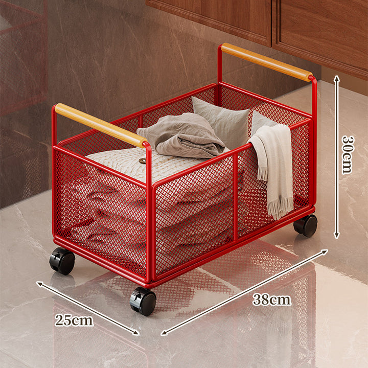 Compact Mesh Rolling Storage Cart with Wooden Handles