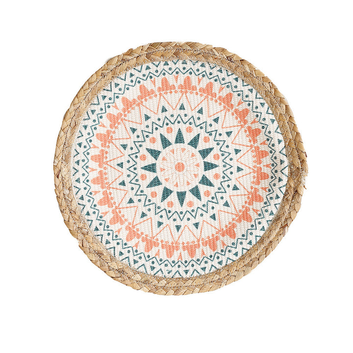 Beef seat pouf with mandala print, woven surface and braided jute edge