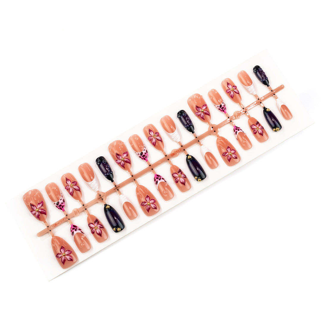Artistic Press-On Nail Art Set with Floral Accents Stornfield