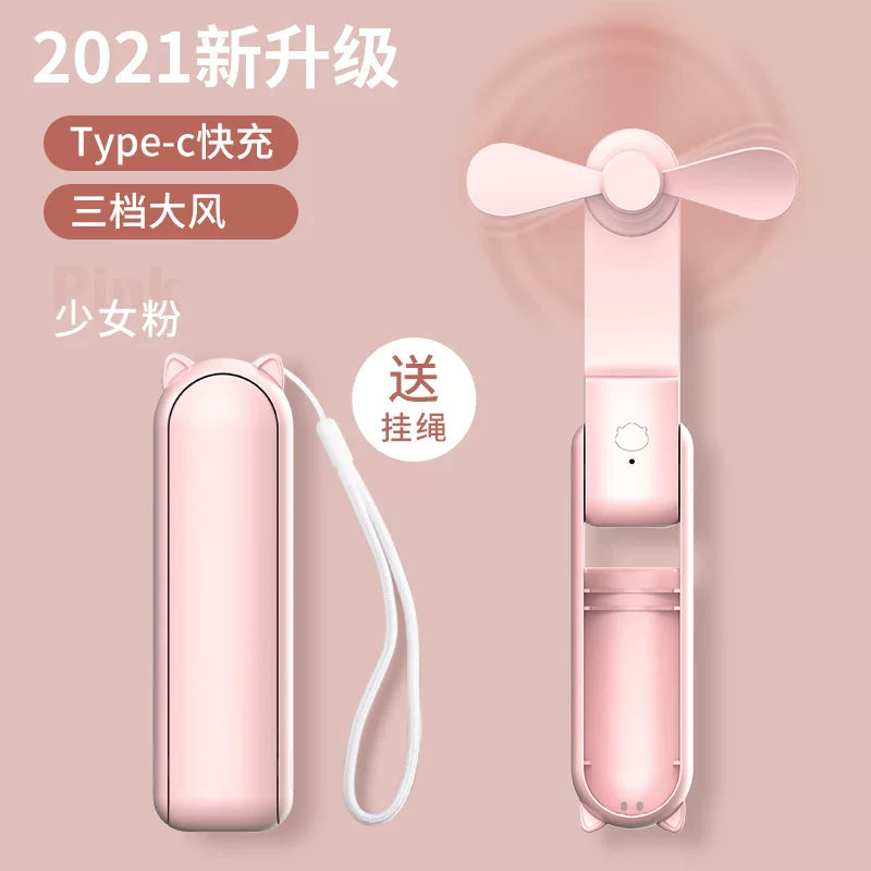 Unisex one size foldable rechargeable triple handheld mini fan with integrated power bank USB-C and USB-A connections as well as wrist strap Stornfield