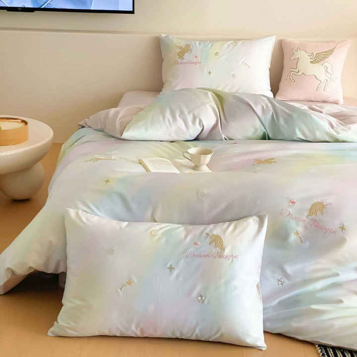 Dreamscape Unicorn Satin Duvet Cover Set with Decorative Pillowcases