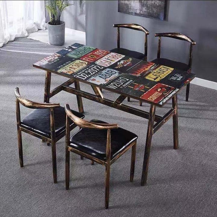 Vintage dining table with custom license plate design Stornfield