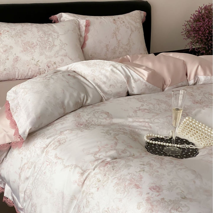Floral Lace-Trim Satin Sateen Duvet Cover Set with Pillow Shams