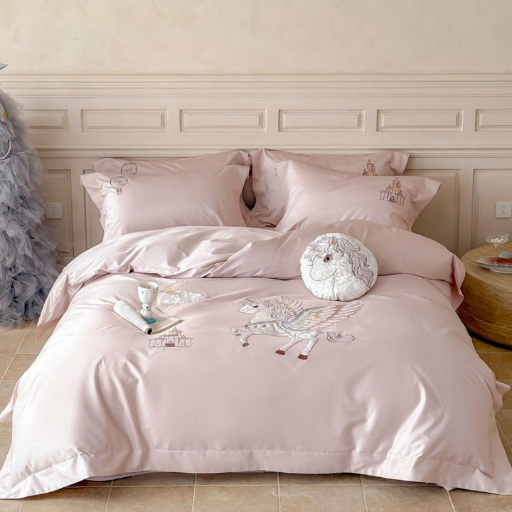 Fantasy Satin Duvet Cover Set with Embroidered Pegasus and Castle Motifs