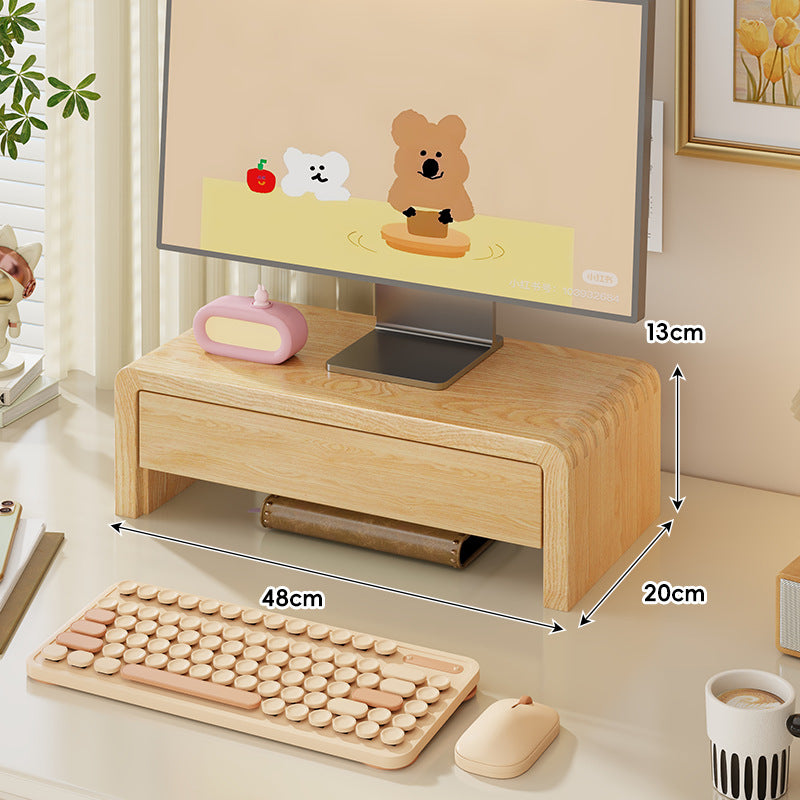 Wide Solid Wood Curved Desktop Monitor Stand Riser with Under-Shelf Storage