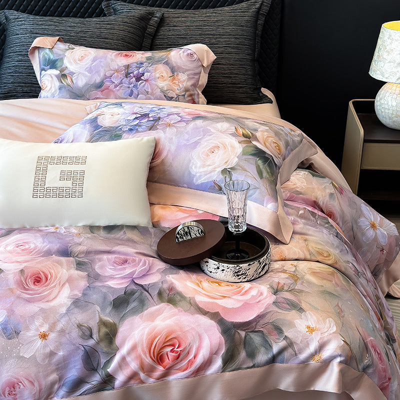 Luxurious satin bedding set with rose pattern and silky shiny surface