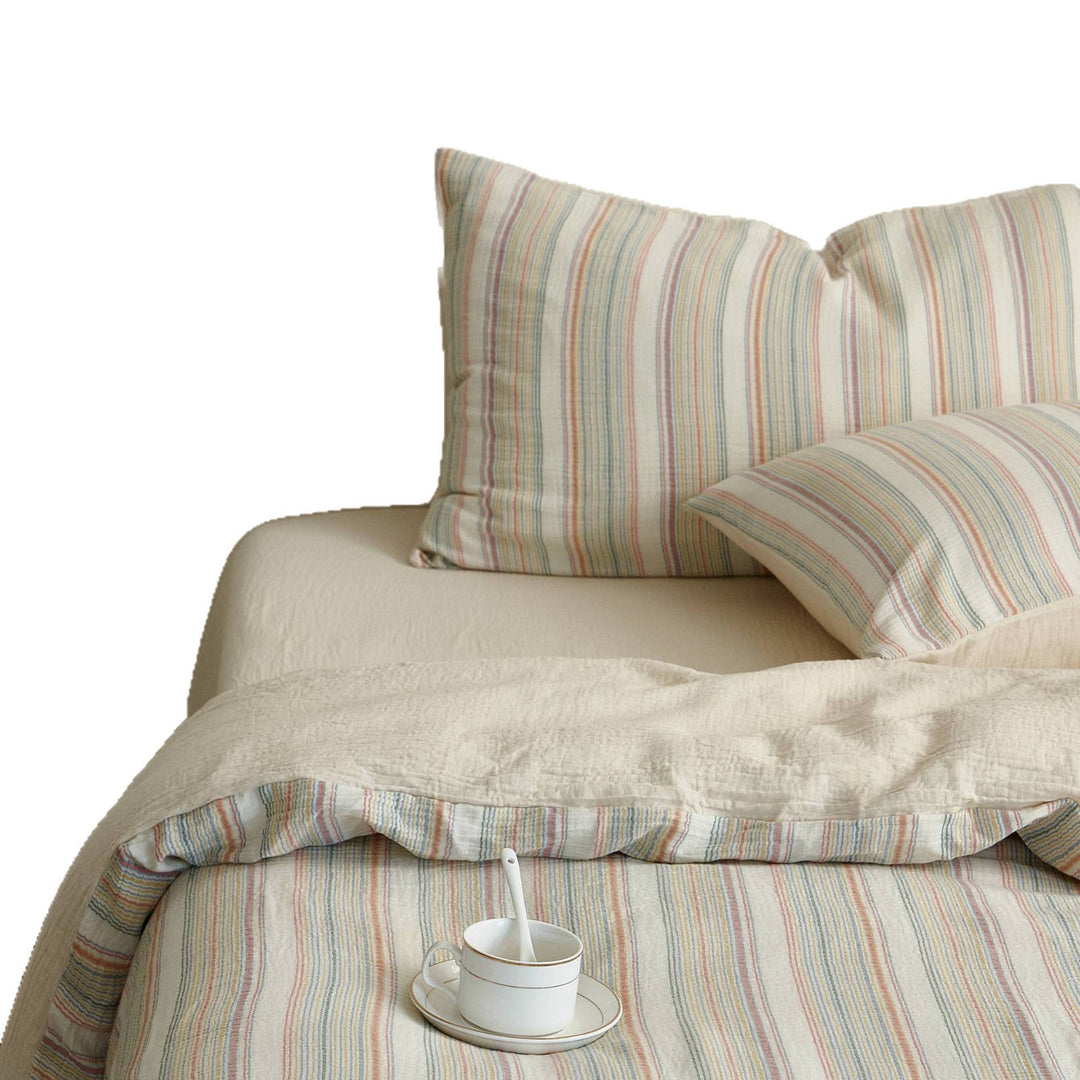 Breathable Striped Cotton-Linen Quilt and Pillowcase Bedding Set