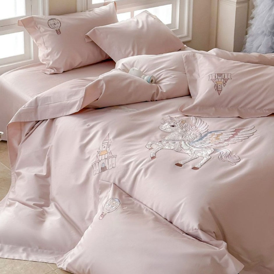 Fantasy Satin Duvet Cover Set with Embroidered Pegasus and Castle Motifs