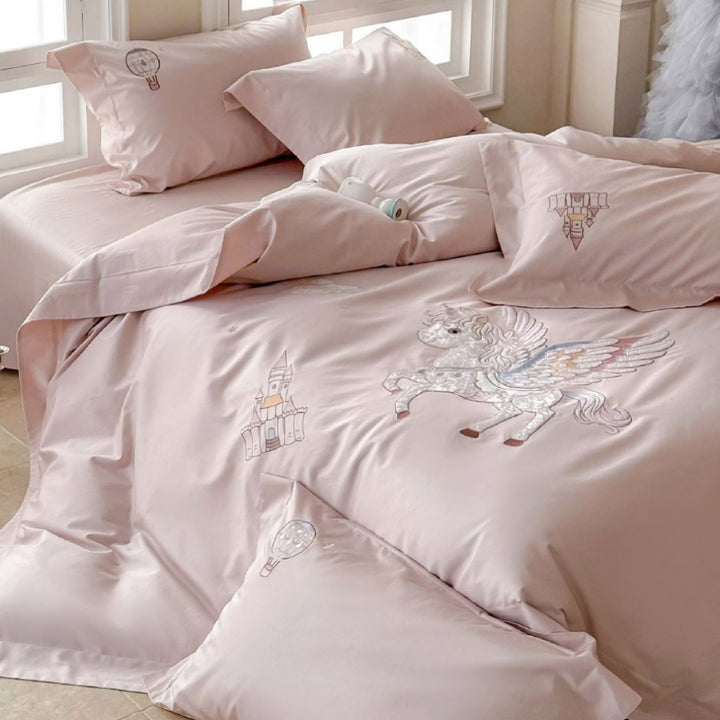 Fantasy Satin Duvet Cover Set with Embroidered Pegasus and Castle Motifs