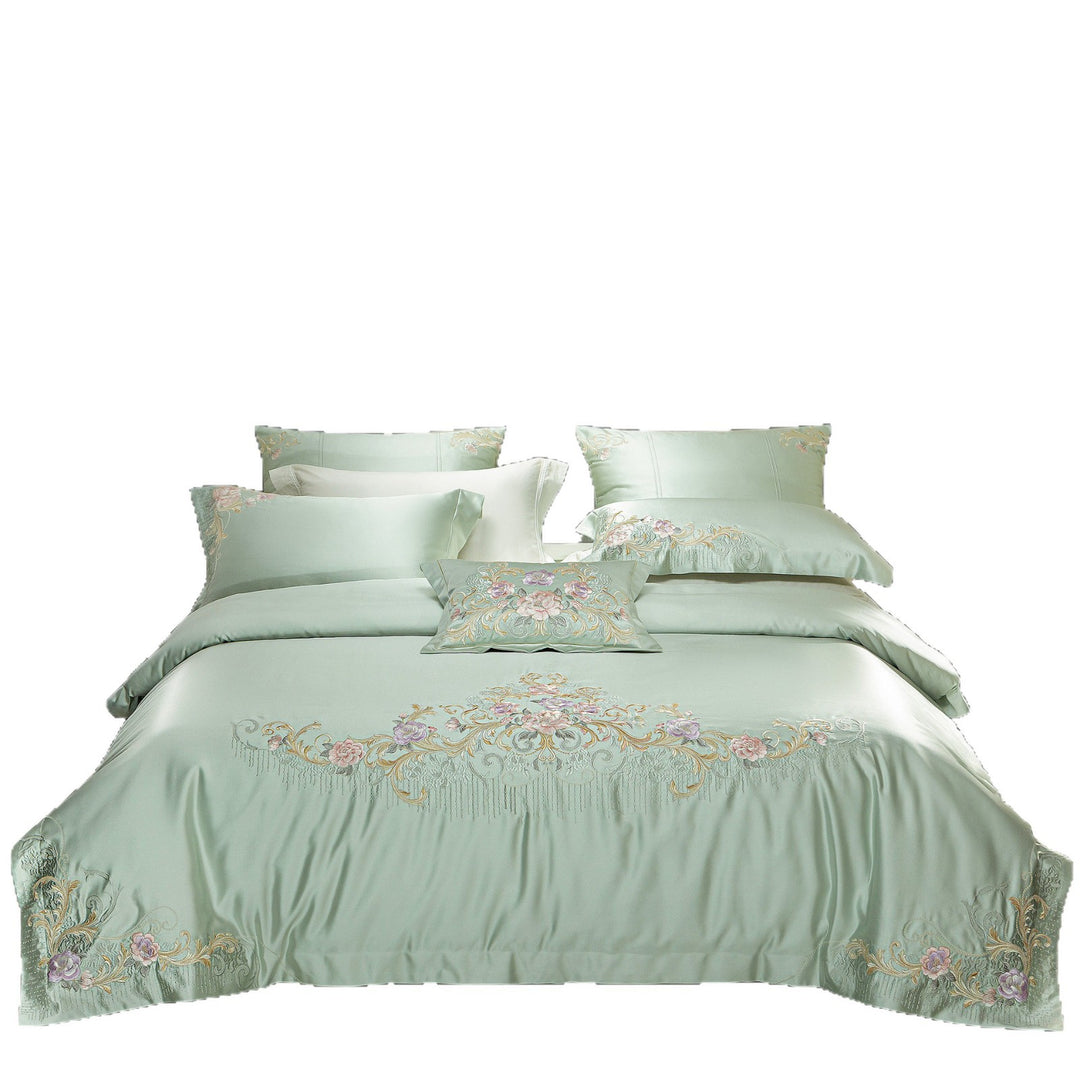 Silk-Look Botanical Embroidered Duvet Cover Ensemble with Decorative Pillow and Euro Shams