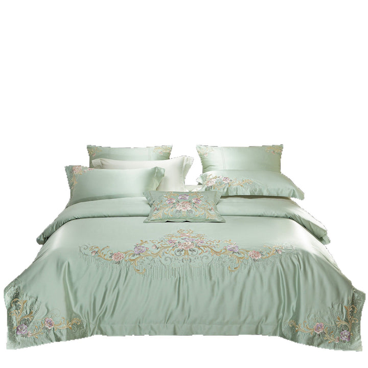 Silk-Look Botanical Embroidered Duvet Cover Ensemble with Decorative Pillow and Euro Shams
