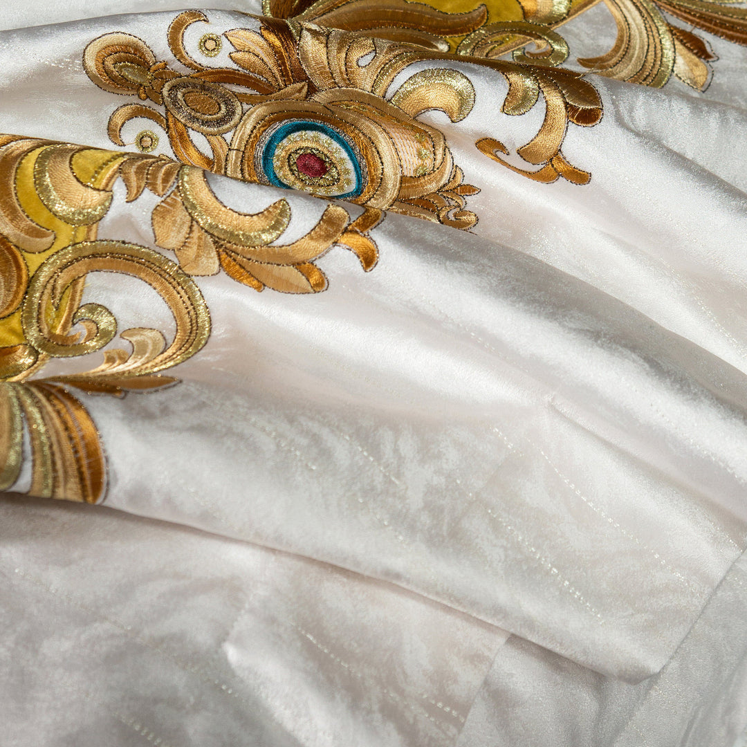 Opulent Baroque Scroll Embroidered Duvet Cover Ensemble with Satin-Edge Shams & Decorative Accent Pillow