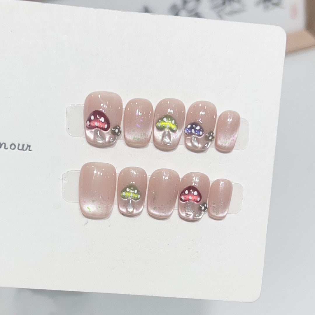 Artistic Press-On Nail Set with Playful Mushroom Designs Stornfield