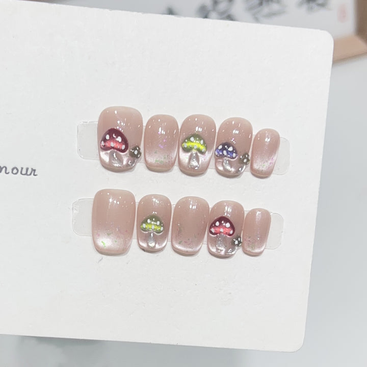 Artistic Press-On Nail Set with Playful Mushroom Designs Stornfield