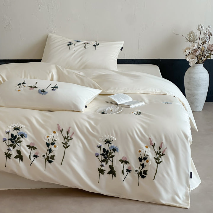 Floral Embroidered Satin-Feel Duvet Cover Set with Pillow Shams