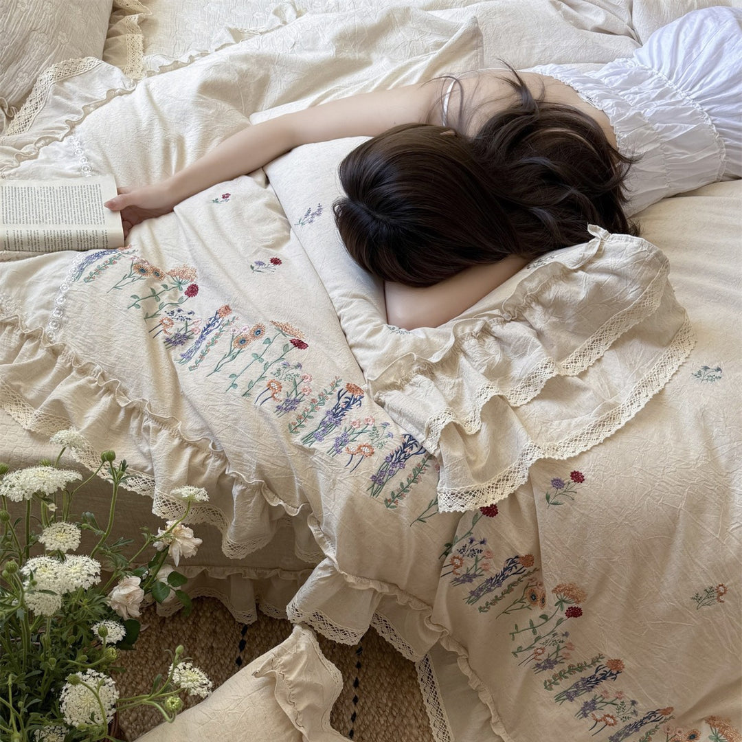 Ruffled Embroidered Linen Duvet Cover Set with Floral Border and Lace Trim