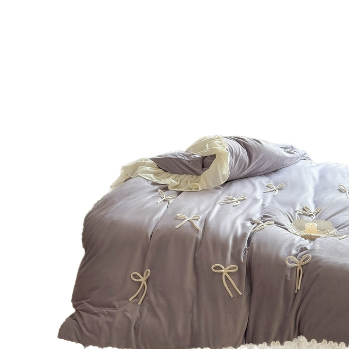 Romantic Frilled-Edge Bow-Appliqué Velvet-Effect Duvet Cover Set