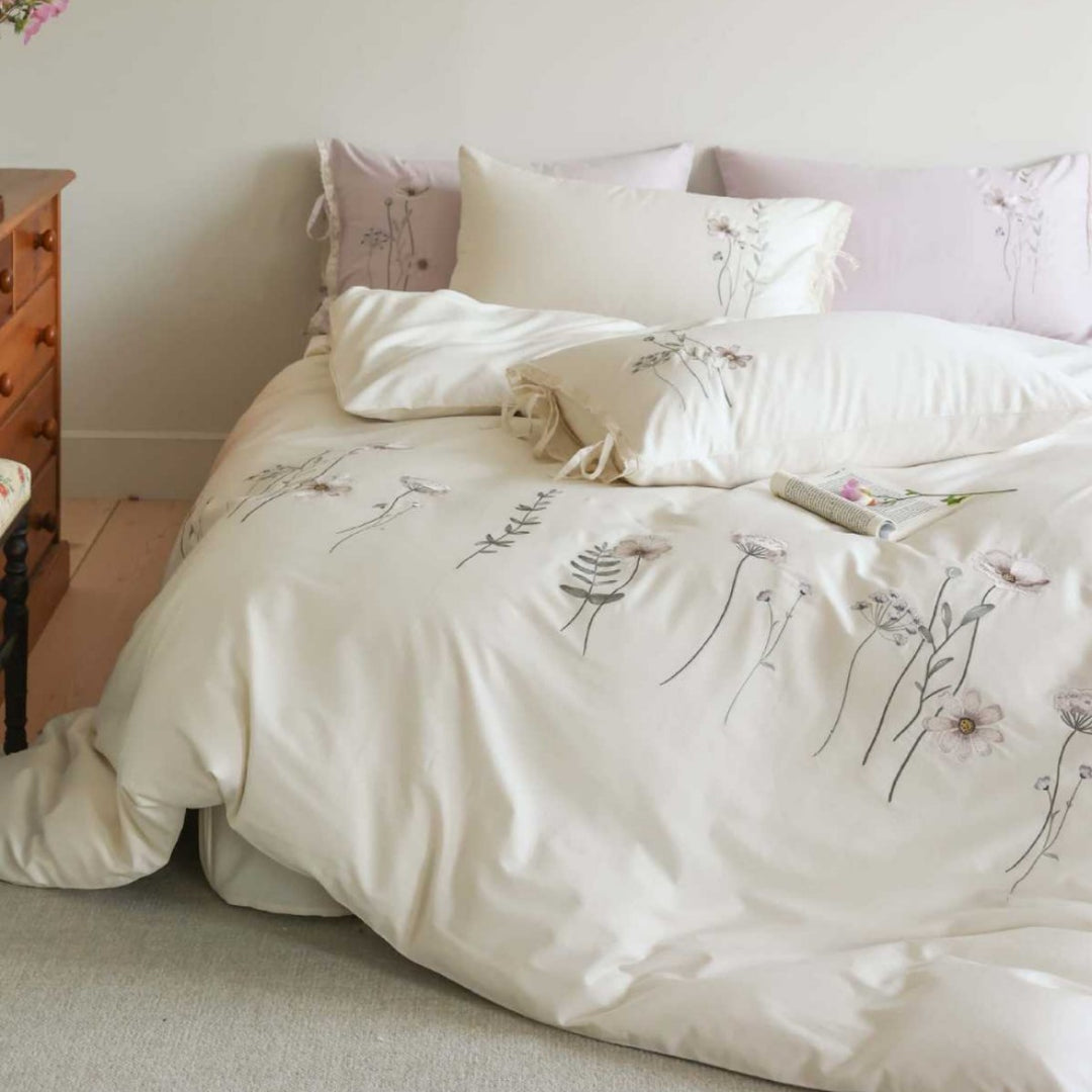 Floral Embroidered Cotton Duvet Cover Set with Tie-Sham Detailing