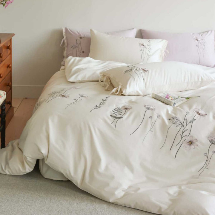 Floral Embroidered Cotton Duvet Cover Set with Tie-Sham Detailing