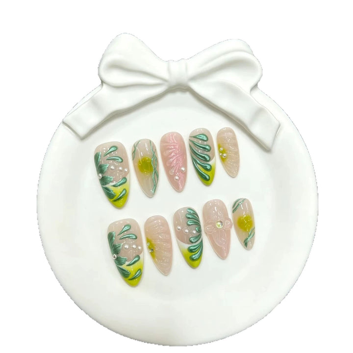 Decorative Press-On Nail Art Set with Floral and Botanical Designs