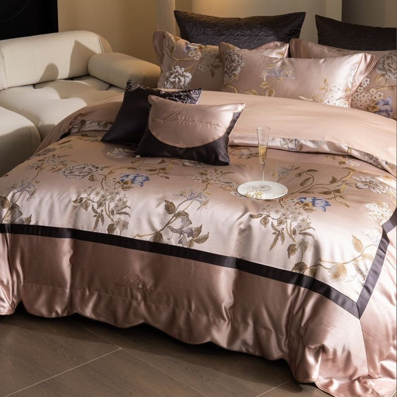 Silky Floral Embroidered Satin Duvet Cover Bedding Set with Scalloped Hem & Pillow Shams
