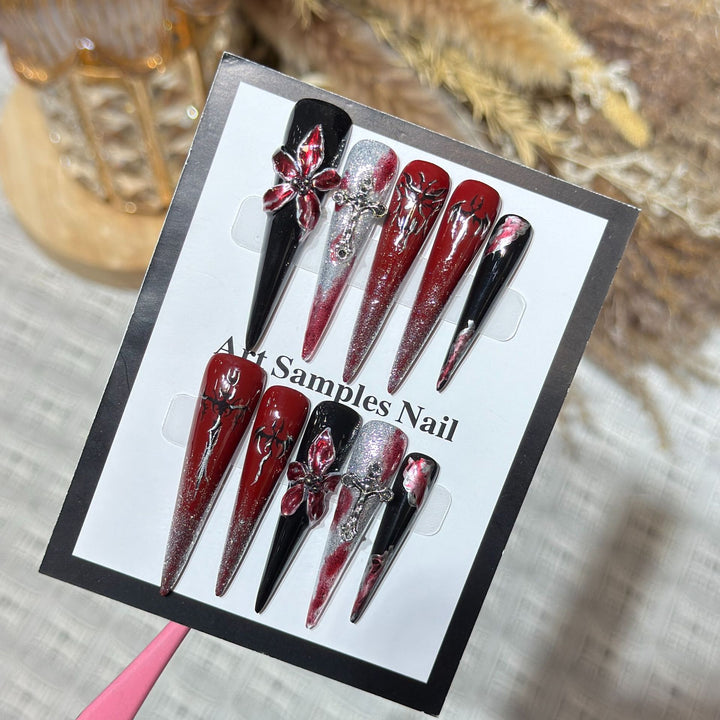 Artistic Stiletto Press-On Nail Set with Unique Gothic Design Elements Stornfield