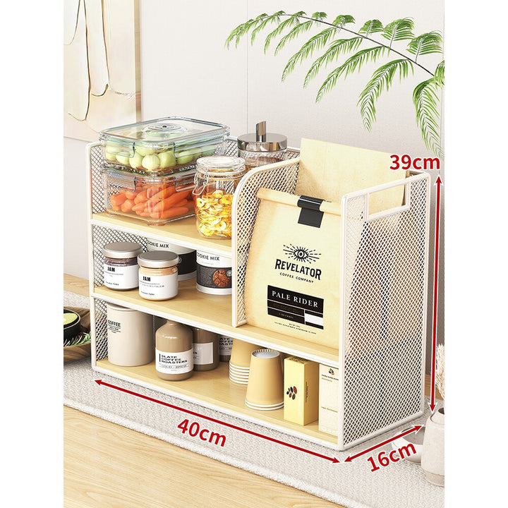 Metal Mesh Countertop Pantry Organizer with Multi-Tier Shelves and Vertical Bag Compartment