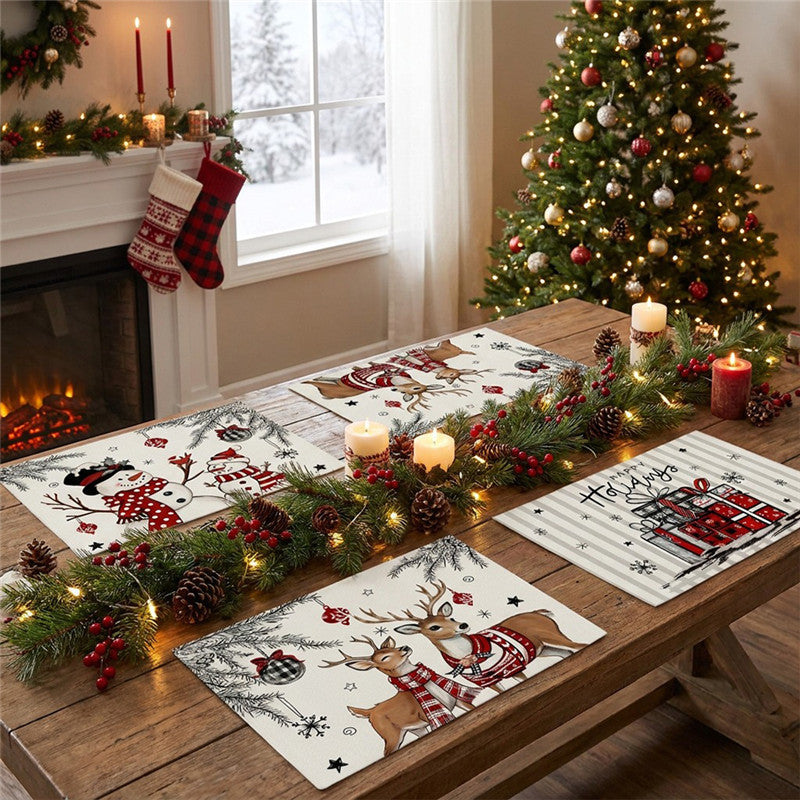 Decorative Rectangular Cotton-Linen Holiday Tablecloth with Repeating Hand-Painted Christmas Tree Motif